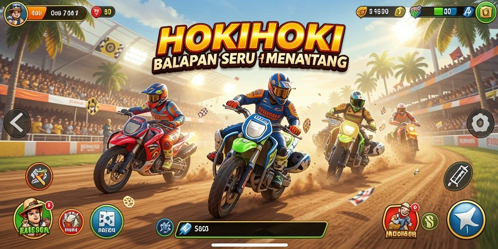 Tampilan seru gameplay HOKIHOKI dengan aksi balapan mendebarkan.