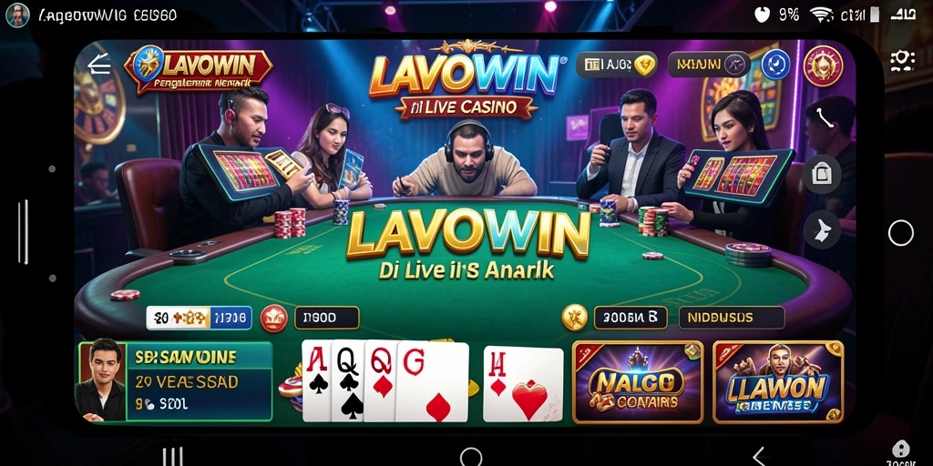 Screenshot permainan LAVOWIN menampilkan dealer langsung dan interaksi pemain.