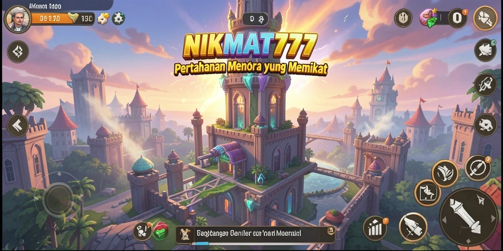 Gameplay seru dari NIKMAT777 menunjukkan menara bertahan melawan gelombang musuh.